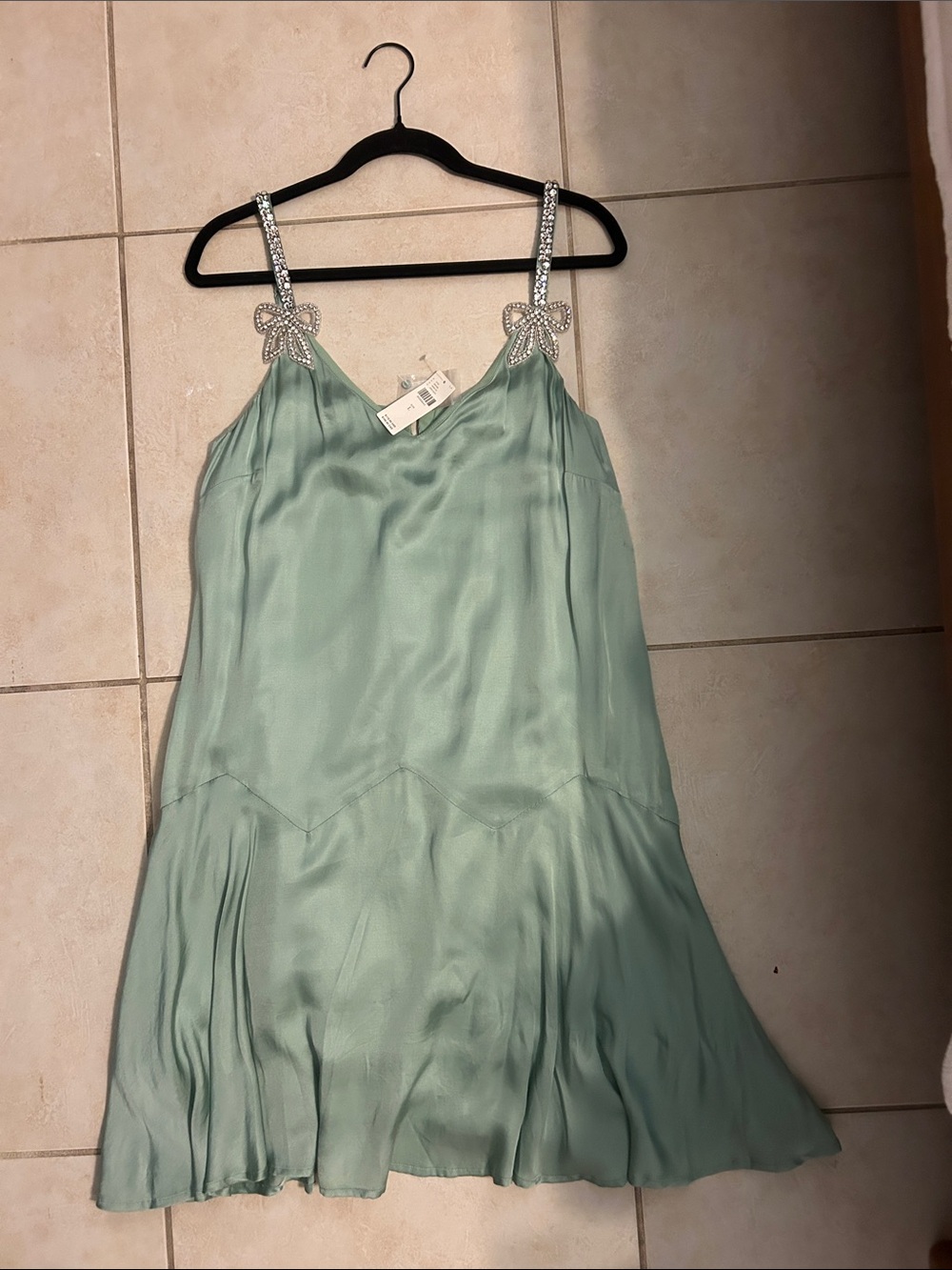 Corey Lynn Calter Mint Green dress with rhinestone straps and sequin bow detail
